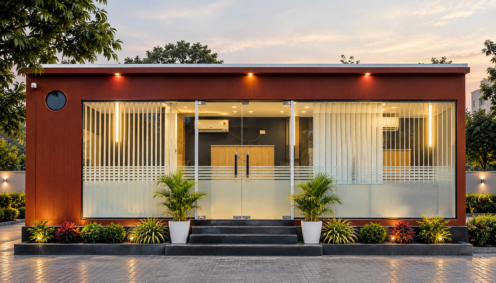 Modern Customer Lounge & Office Building Facade at Dusk